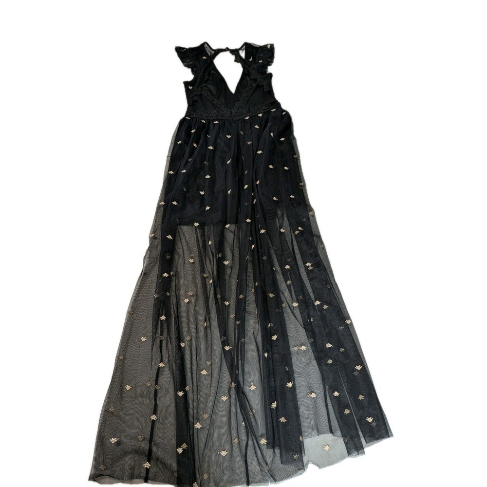 Romantic Black Embroidered Bee Mesh Maxi Dress | Ethereal Dark Cottagecore - Picture 2 of 16